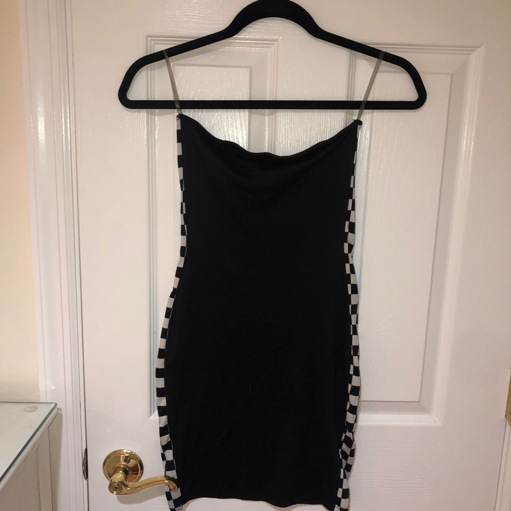 Windsor black strapless dress with checkered sides